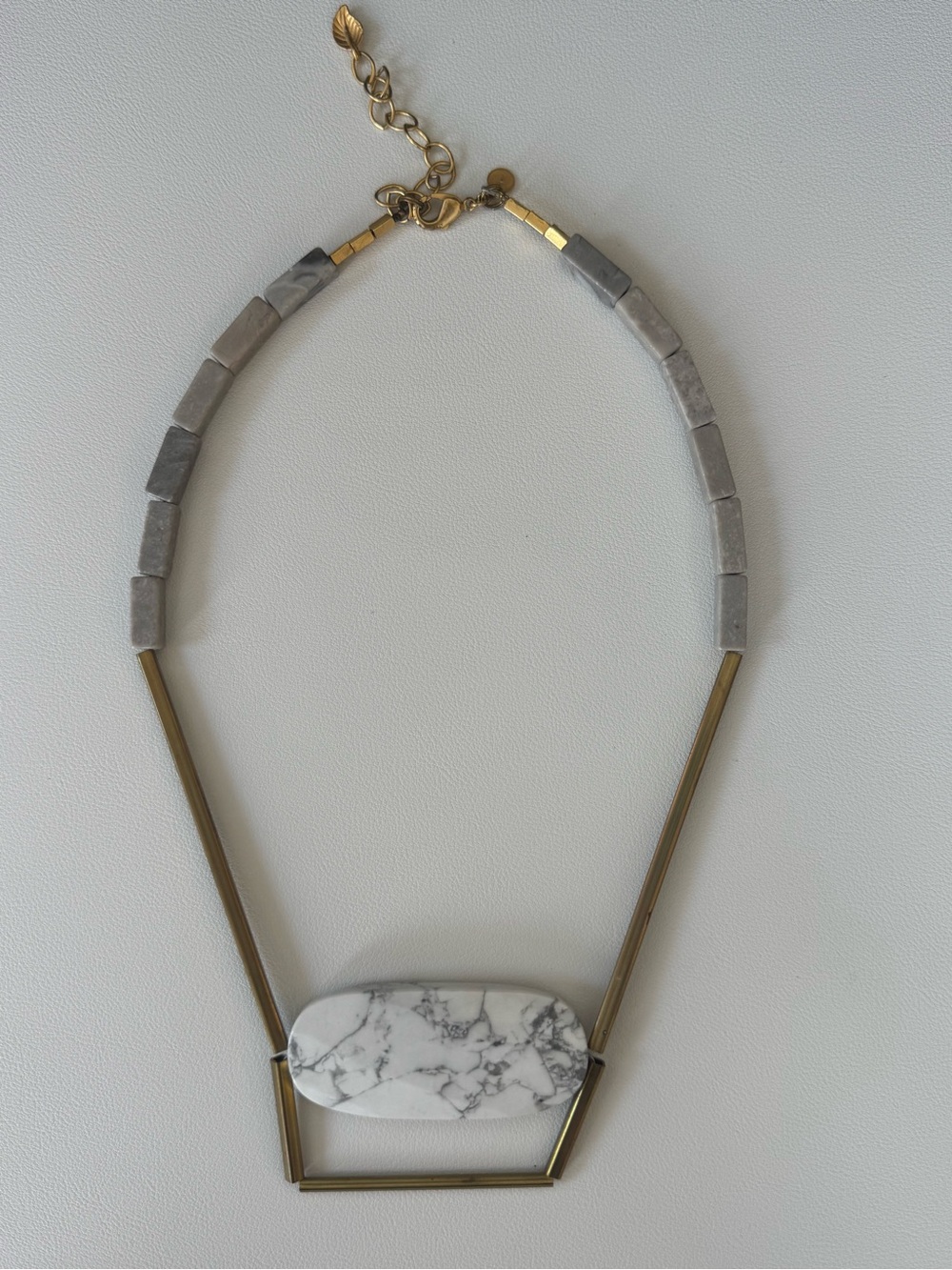 David Aubrey Gold Tone Necklace w/ gray stone beads & White Marble look Pendant